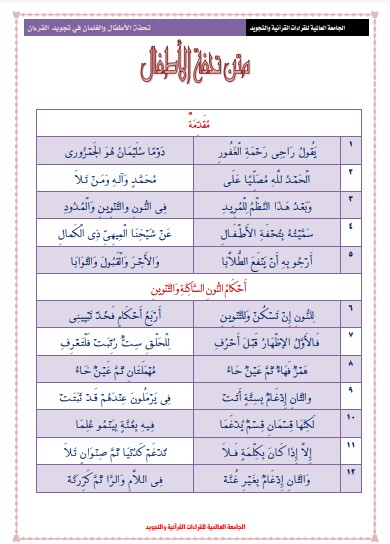 تحفة الأطفال والغلمان في تجويد القرآن – الجامعة العالميه