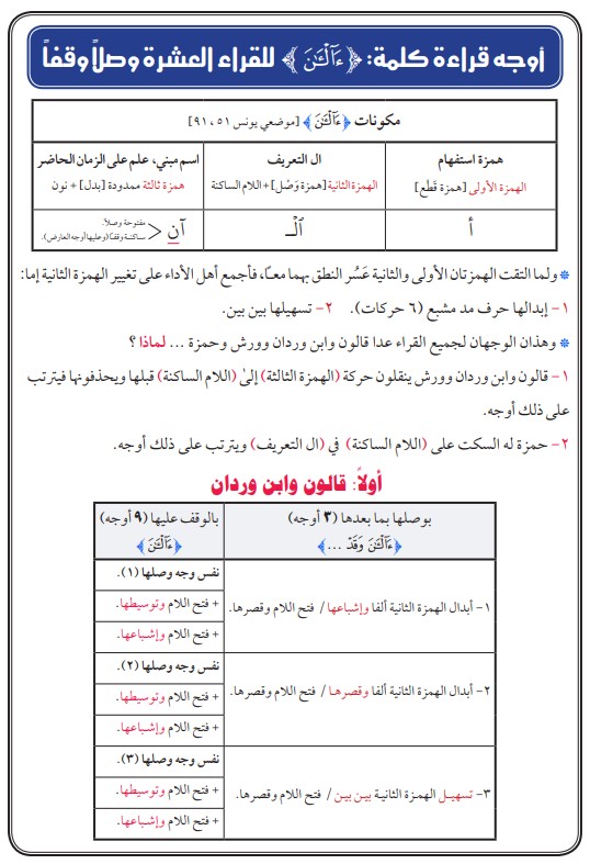 أوجه قراءة كلمة { آلآن } للقراء العشرة وصلا ووقفا